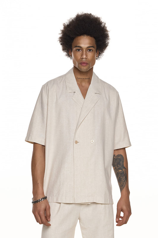 Textured Double-Breasted Short-Sleeve Shirt – YASUMI