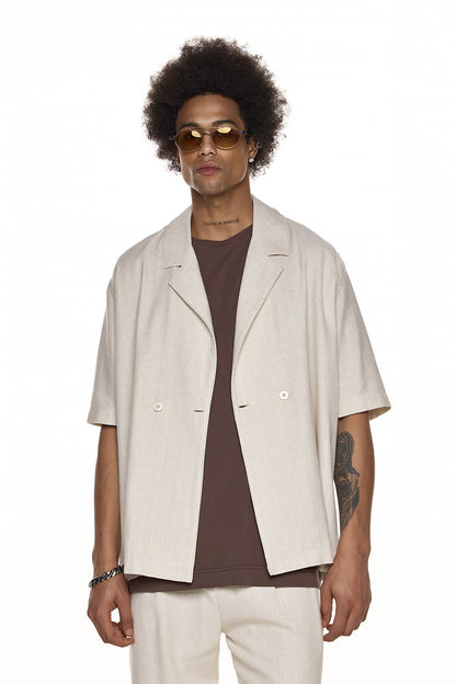 Textured Double-Breasted Short-Sleeve Shirt – YASUMI